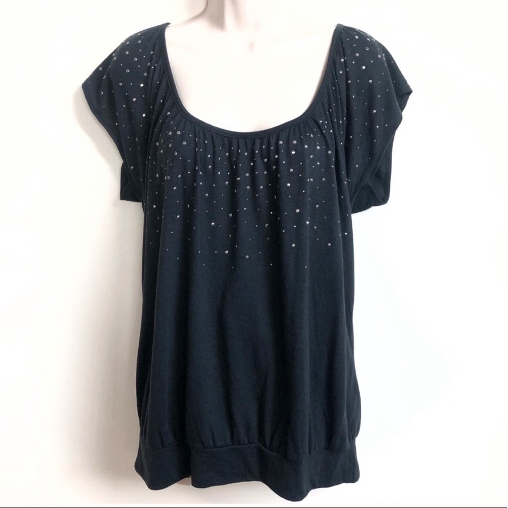 GAP scoop neck embellished short cap sleeve pullover blouse top black silver